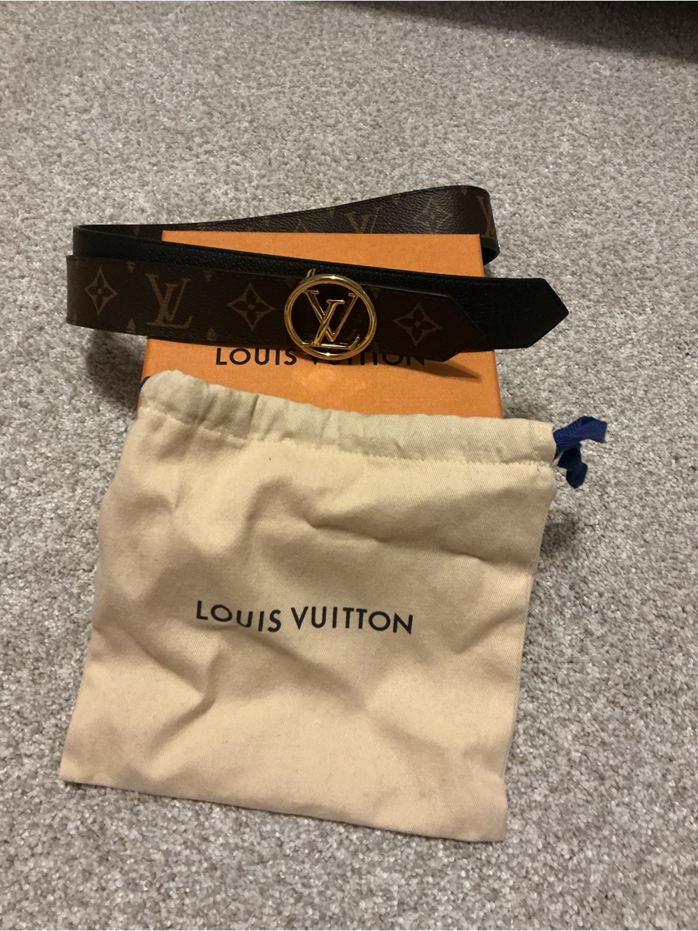 Louis Vuitton Monogram Leather Belt with Gold LV Circle Buckle Reversible